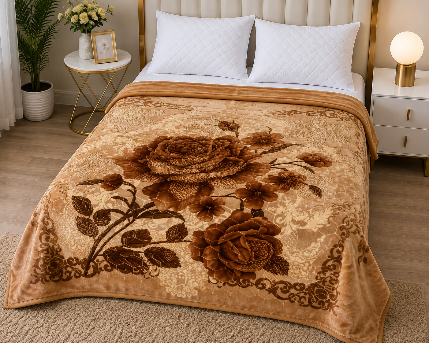 Premium Cloudy 2-Ply Double Bed Blanket Beige Brown